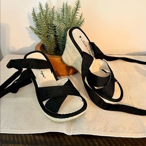Black platform wedge lace up sandals.